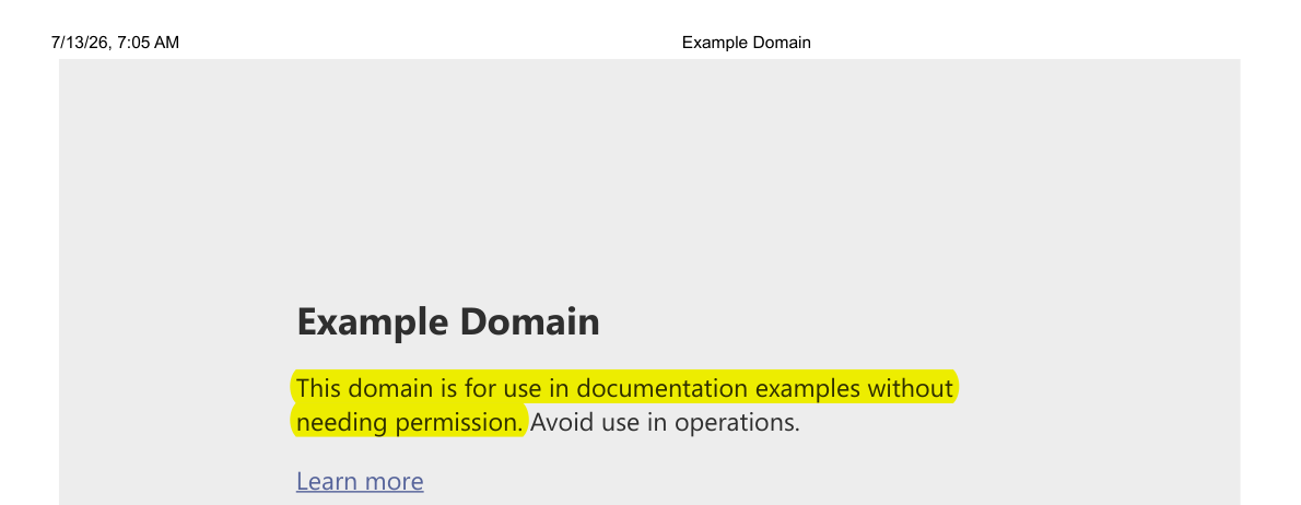 A dated PDF snapshot of example.com captured 2026-07-13; the sentence 'This domain is for use in documentation examples without needing permission.' is highlighted in yellow.